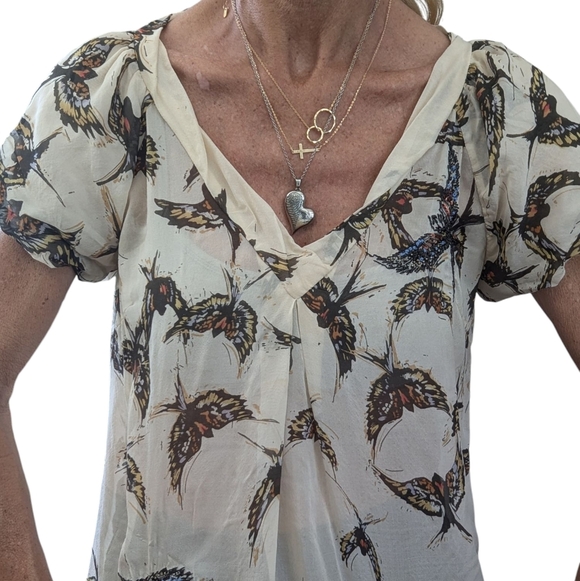 Anthropologie Moulinette Soeurs 100% SILK Beaded Sequin Bird Blouse Top Size 6 - Picture 5 of 9